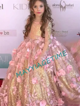 Розовое бальное платье с длинными рукавами и пайетками, праздничные платья для девочек, блестящее платье для маленьких девочек в цветочек, 3D аппликации для Первого причастия
