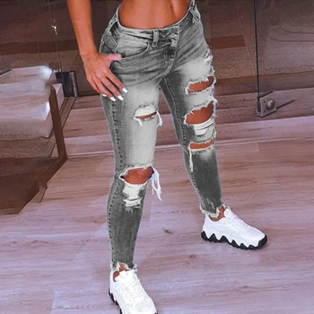 Джинсы С завязками, женские джинсы-стрейч с рваными отверстиями, 2024, Сексуальные Тонкие женские брюки-карандаш полной длины с высокой талией