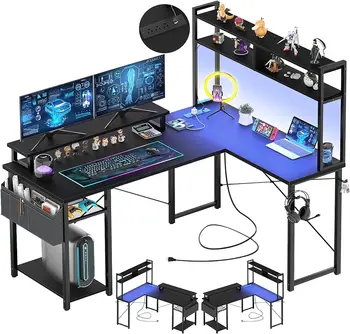 Небольшой Игровой стол Aheaplus L-образной формы со светодиодной Подсветкой и Розетками Питания, Реверсивный Компьютерный Стол L-образной формы с Подставкой для монитора и Стеллажом
