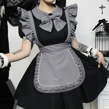Черное платье в стиле Лолиты, костюм горничной на Хэллоуин, милый наряд для женщин, комплект из двух предметов, короткие платья трапециевидной формы.