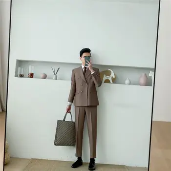 Новое поступление 2022 года, модный Мужской Повседневный деловой однотонный комплект из двух предметов, пиджак, мужской приталенный блейзер, пальто, брюки H215