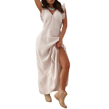 Летние женские повседневные пляжные платья, однотонное длинное платье без рукавов с глубоким V-образным вырезом, без спинки, с оборками на подоле