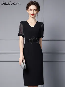 Gedivoen, модные дизайнерские весенние женские платья с V-образным вырезом, рукава-фонарики, облегающие элегантные платья