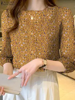 ZANZEA Модная блузка с цветочным принтом, осенняя рубашка с круглым вырезом и рукавом 3/4, женская Элегантная Свободная сорочка, повседневная праздничная туника, топы 2023 года.