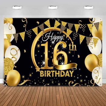 Счастливого 16-го Дня Рождения Украшение Вечеринки Ткань Черный Золотой Знак Плакат для Юбилейного Фото Фон Фотография Баннера