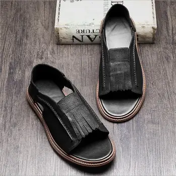 Летняя кожаная обувь lazy shoes мужские дышащие римские сандалии с открытым носком мужские кожаные сандалии высококачественная обувь из натуральной коровьей кожи