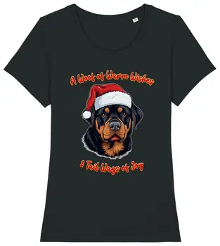 Женская рождественская футболка с изображением ротвейлера, Шляпа Санта, Собака, Гав, Пожелания, Хвост, виляющий от радости