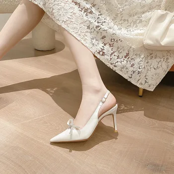 Размер 34-40; Женская обувь; босоножки на высоком каблуке с острым бантом из горного хрусталя; женские летние свадебные туфли белого цвета.