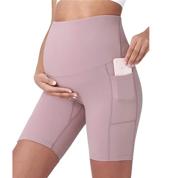 Шорты для беременных, мягкие тонкие бесшовные шорты для йоги на животе, летние тренировки для беременных, активный бег, Короткие штаны с карманами