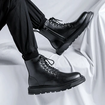 Итальянские мужские ботинки из натуральной кожи, дышащая обувь с высоким берцем, уличные повседневные ботинки с круглым носком, ботильоны на толстой подошве на шнуровке