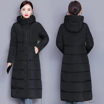 Женские зимние длинные пальто 2023 года, теплая пуховая хлопковая куртка, парка с капюшоном, модная зимняя верхняя одежда, корейские куртки оверсайз