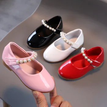 Однотонная детская обувь Mary Janes для девочек на плоской подошве, новинка 2024 года, обувь принцессы из искусственной кожи с жемчужным бисером для девочек, Размер 21-36