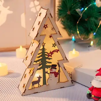 Рождественский Деревянный Подвесной кулон Треугольный светильник Санта Клаус Снеговик с резным полым рисунком СВЕТОДИОДНЫЙ Рождественский светильник Деревянные поделки Подарок для детей