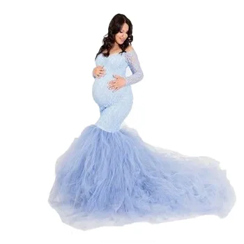 Платье для беременных с длинным рукавом, сетчатое кружевное платье с развевающимися шлейфами для беременных, длинное платье для фотосъемки