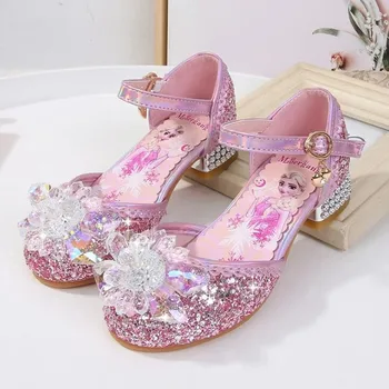 Принцесса Лето Анна Детская обувь Для девочек Детская Кожаная обувь Эльза Танцы Босоножки на высоком каблуке Chaussure Enfants Обувь для вечеринок