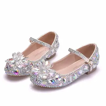 2020 Новые детские туфли с украшением в виде кристаллов для выступлений, танцев, кожаная обувь для девочек со стразами, детская обувь принцессы со стеклянным цветком на высоком каблуке
