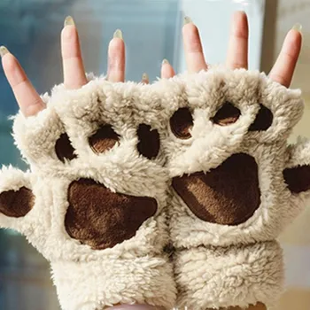 Пушистые перчатки без пальцев в виде кошачьей лапы, женские зимние милые флисовые утепленные теплые перчатки на полпальца, утепленные мягкие варежки