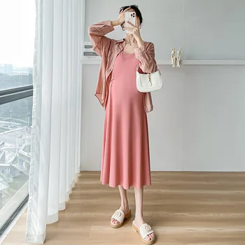 Летнее платье для беременных, комплект одежды для беременных женщин 2023, новая солнцезащитная блузка с длинным рукавом и платья для беременных с однотонными складками