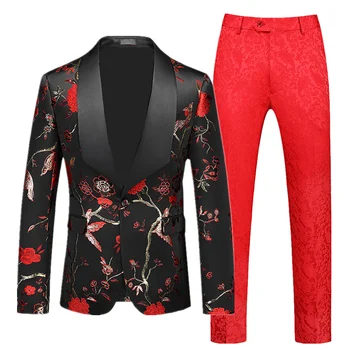 (Блейзер + брюки) Модные мужские свадебные костюмы, комплект из 2 предметов, черное красное синее мужское деловое платье-смокинг для светской вечеринки, приталенная одежда