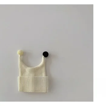 Новая милая осенне-зимняя детская шапка шерстяной вязки с защитой ушей, теплая однотонная мультяшная шапка