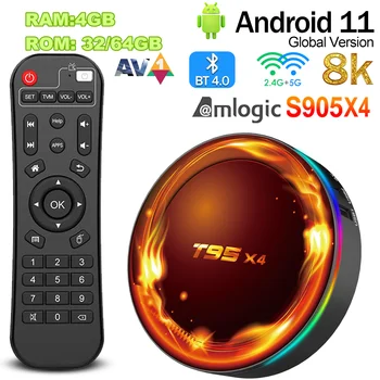 T95X4 Smart TV Box Amlogic S905X4 Android11 4 ГБ ОЗУ 32 ГБ/64 ГБ ПЗУ BT AV1 H.265 2,4 G/5G Wifi 8K Медиаплеер Ultra HD телеприставка