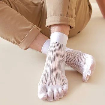 Мужские сетчатые носки с пятью пальцами, повседневные прозрачные дышащие однотонные ультратонкие нейлоновые полые носки с широким носком